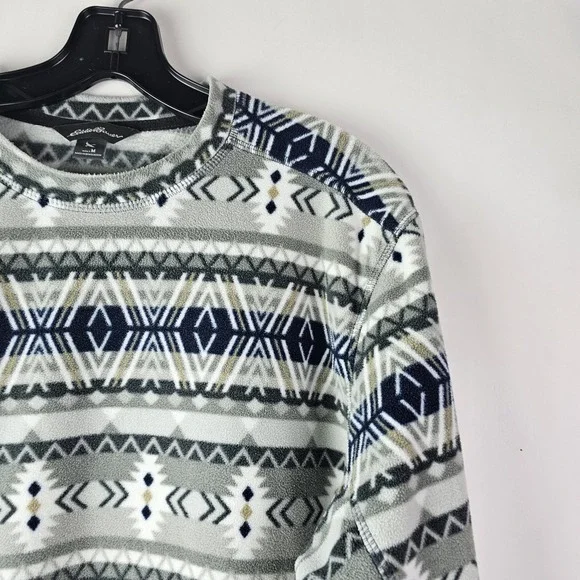 Eddie Bauer Mens M Pullover Fleece Aztec White Blue Gray Crew‎ Neck Soft LS Warm - Picture 8 of 8